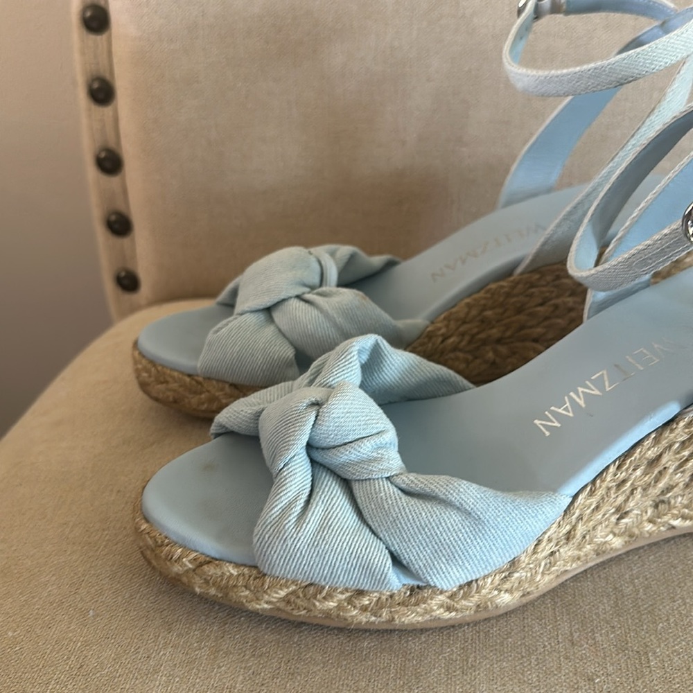 Stuart Weitzman Women’s Playa Espadrille Wedge Bow Sandals Blue Tan Size 8.5 - Picture 5 of 10